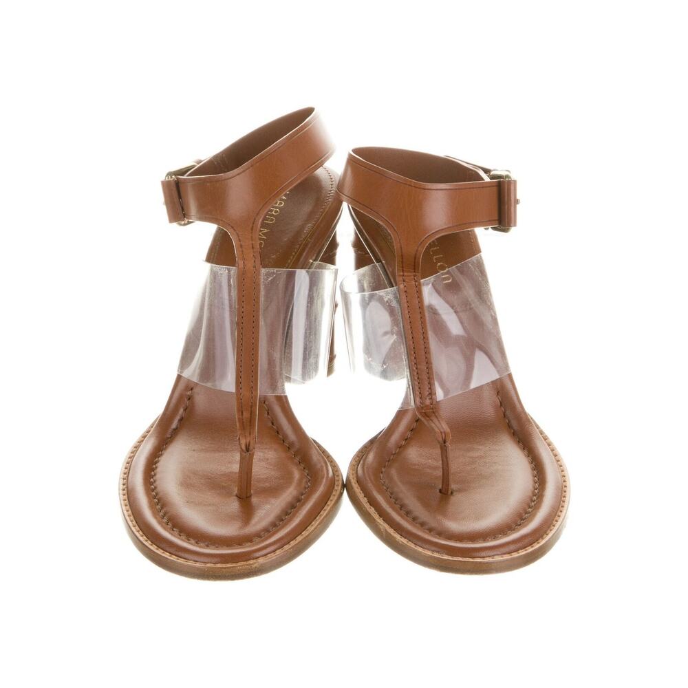 Tamara Mellon Leather T Strap Block Heel Sandal - 39 - Brown